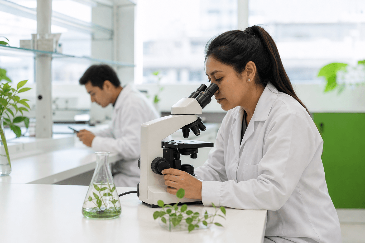 Investigadora trabajando con un microscopio en un laboratorio universitario.
